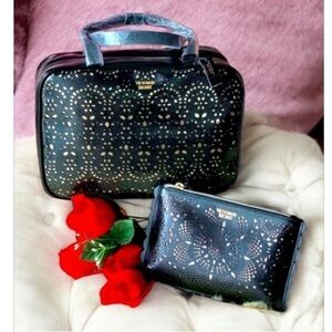 Victoria's Secret Black Laser Cut Hanging Travel Bag Makeup Case And Wristlet